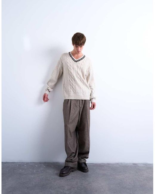 Topman White Relaxed Fit Cable Knitted V-neck Jumper With Fairisle Trim for men