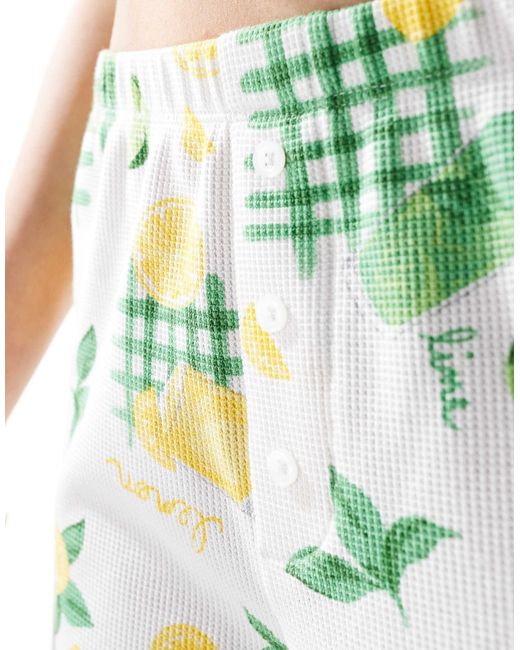 ASOS White – hose mit waffelstruktur, zitronen-drink-print, weitem bein und boxershorts-bund, kombiteil
