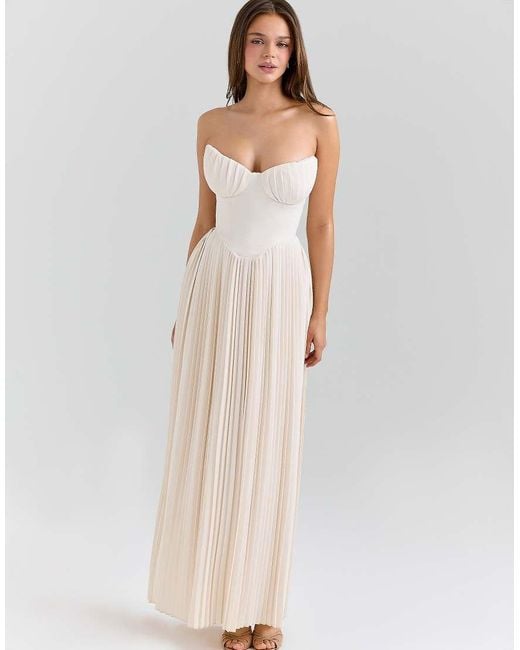 House Of Cb Natural Marcella Ivory Georgette Pleated Maxi Dress