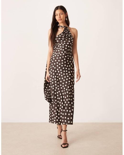 Pretty Lavish Natural Satin One Shoulder Scarf Neck Polka Dot Midaxi Dress