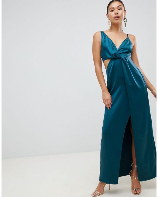 ASOS Green Satin Maxi Dress With Knot Front And Side Cut Out