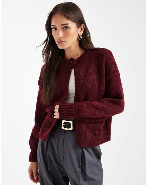 Pieces Red Rosette Detail Knitted Cardigan