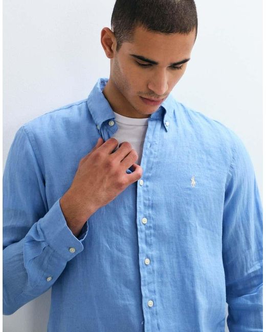Polo Ralph Lauren Blue Custom Fit Long Sleeve Linen Shirt for men