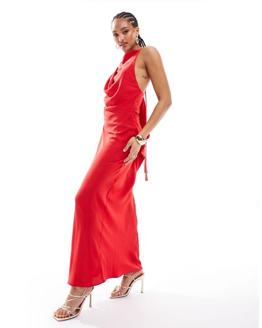 ASOS Red Satin Cowl Back Maxi Dress With Buckle Strap Detail