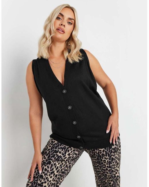 Yours Clothing Black Knitted Button Front Vest Top