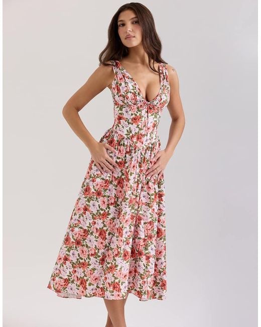 House Of Cb Pink Emmelina Print Stretch Cotton Corset Sundress