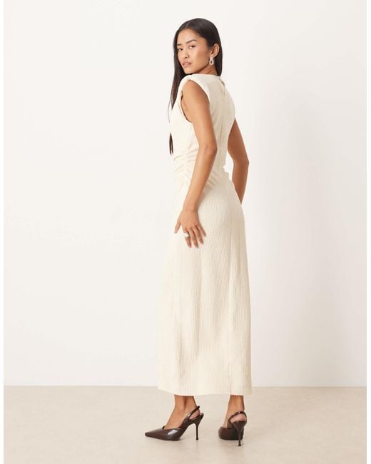 ASOS Natural Boucle Sleeveless Shoulder Pad Ruched Midi Dress