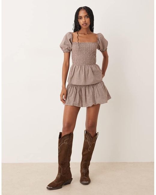 Glamorous Brown Shirred Puff Sleeve Detail Top With Peplum