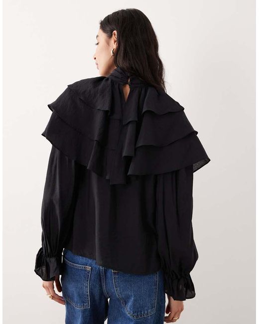 Glamorous Black Boho Ruffle High Neck Blouse