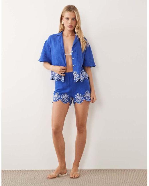 New Look Blue Co-ord Embroidered Crop Beach Shirt
