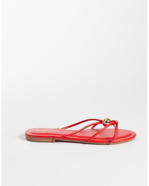 Glamorous Red Flat Sandals With Gold Detail