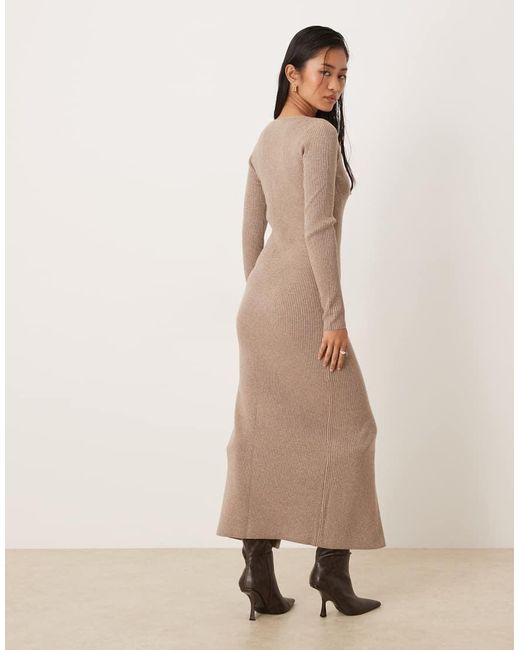 Abercrombie & Fitch Natural Long Sleeve V Neck Fitted Maxi Dress