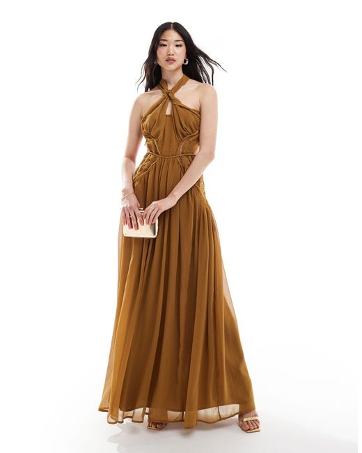 ASOS Brown Halter Ruched Maxi Dress With Lace Insert And Cut Out