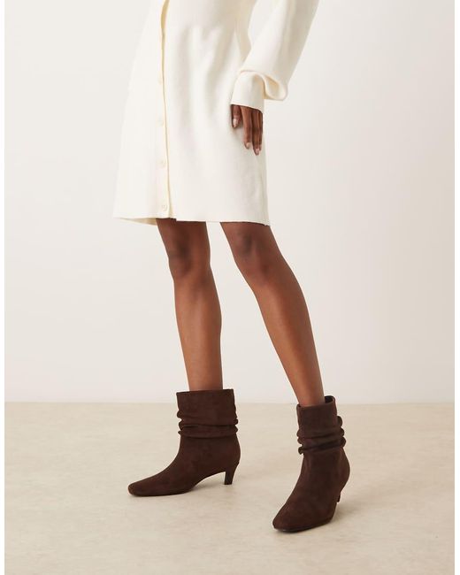 Glamorous Brown Kitten Heel Ruched Mid Ankle Boots
