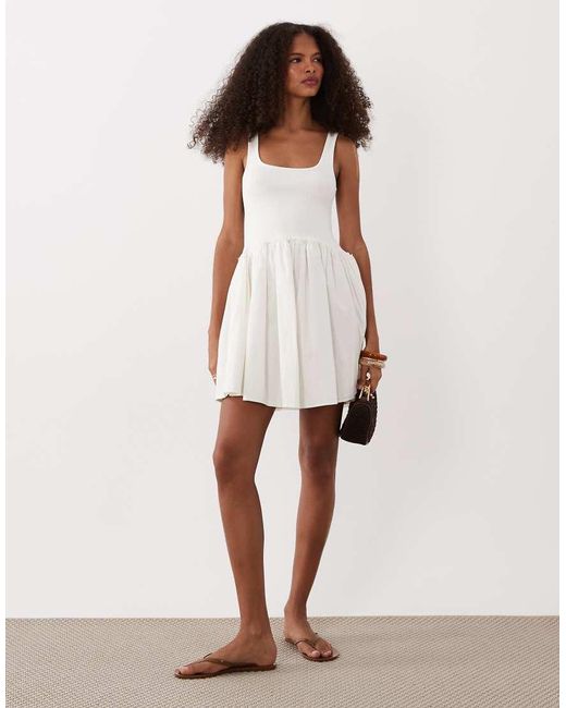 ASOS White Scoop Ribbed Bodice With Poplin Skirt Mini Dress