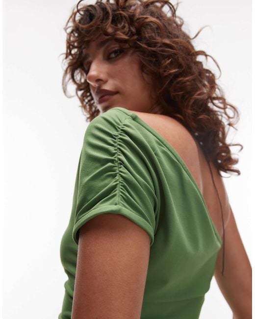 TOPSHOP Green Asymmetric Ruched One Shoulder Top