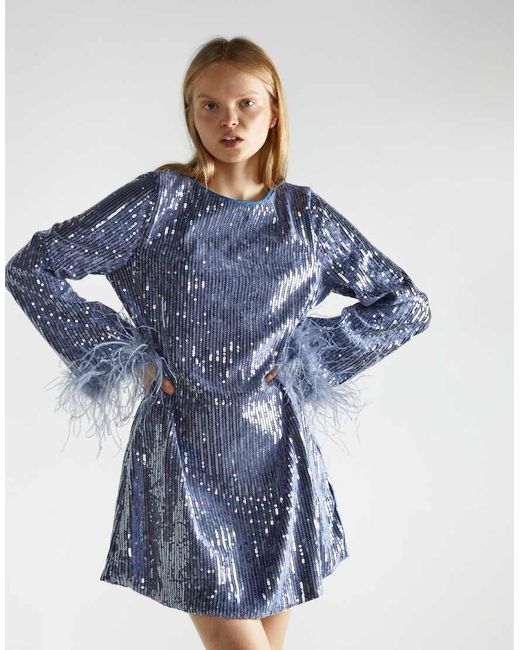 Glamorous Blue Feather Cuff Mini-Dress