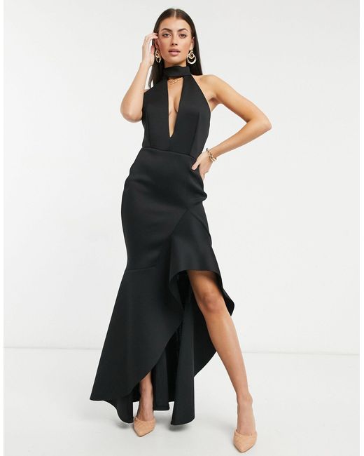 True Violet Black Label High Neck Keyhole Plunge Maxi Dress With Ruffle Detail