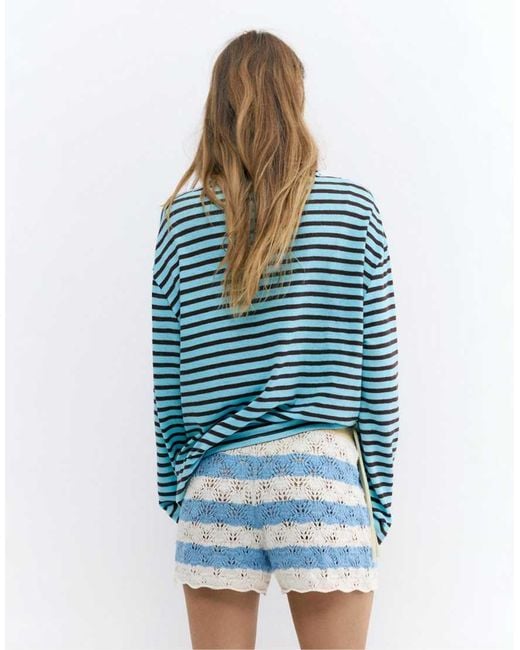 Pull&Bear Blue Striped Crochet Shorts