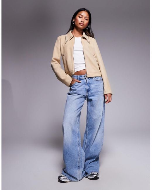 Princess Polly Blue Hurleigh Faux Suede Stud Trim Collared Jacket