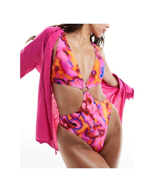South Beach Pink Cut Out Marble Print Swimsuit