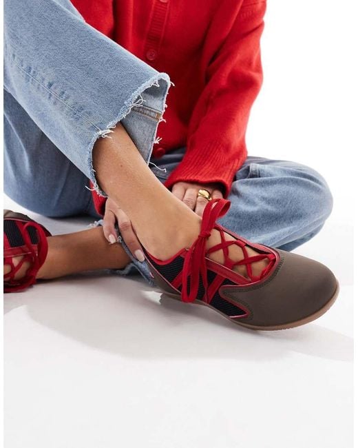 SEQWL Red Lace Up Detail Ballet Trainers