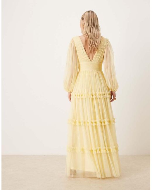 LACE & BEADS Natural Tulle V Neck Sheer Sleeve Maxi Dress