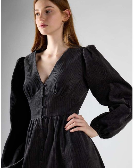 Glamorous Black Corduroy V-Neck Midi Dress