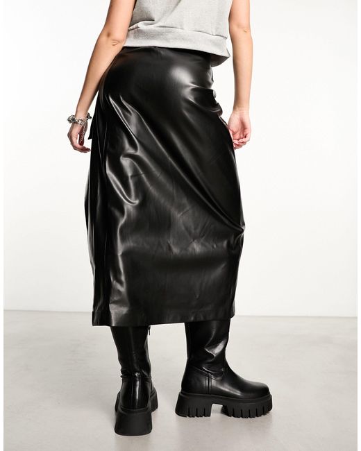 Mango Black Midi Wrap Leather Look Skirt