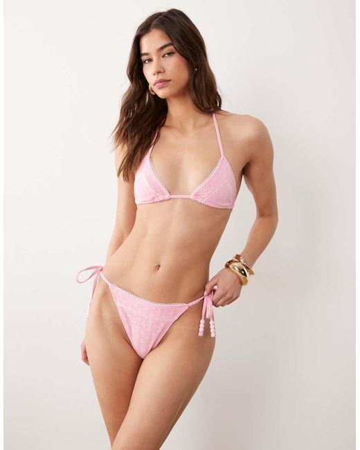Miss Selfridge Natural Pointelle Lace Trim Triangle Bikini Top
