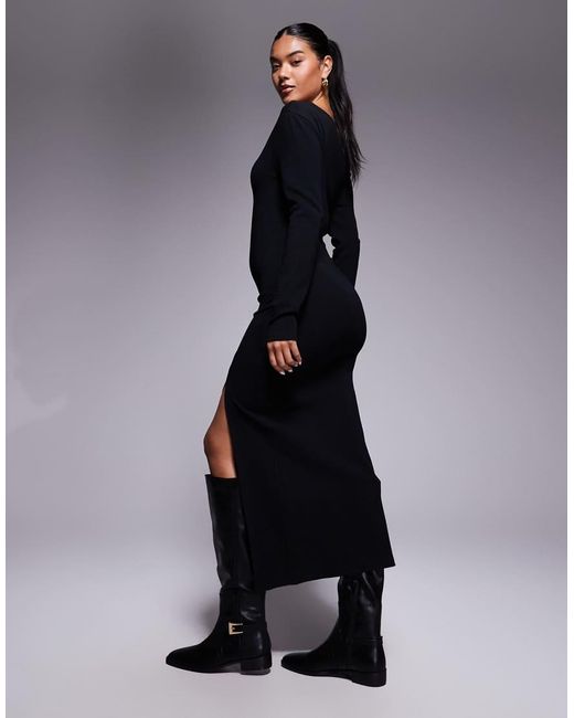 ASOS Blue Ribbed Fallen Shoulder Split Front Maxi Dress