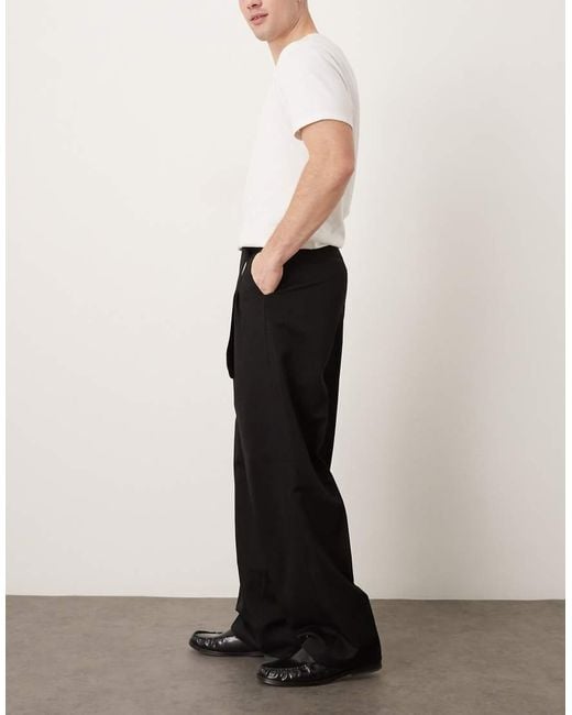 ASOS Black Tailored Wide Leg Double Pleated Trousers With Belt Detail for men