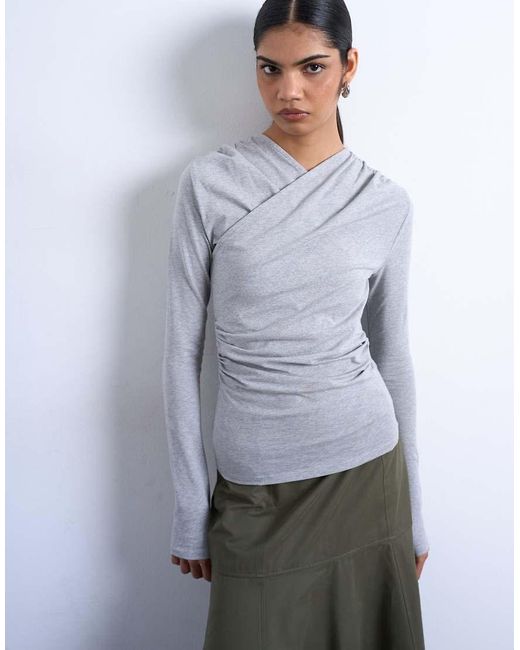 TOPSHOP Gray Ruched Wrap Long Sleeve Top