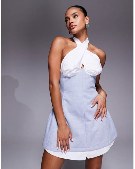 ASOS Gray Structured Cross Bust Halter Mini Dress With Contrast Fabric