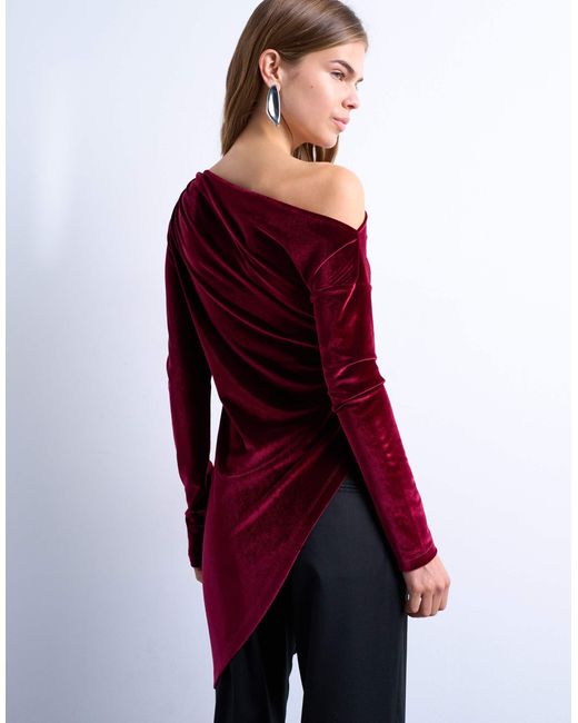 TOPSHOP Red – schulterfreies, langärmliges tunika-oberteil aus samt