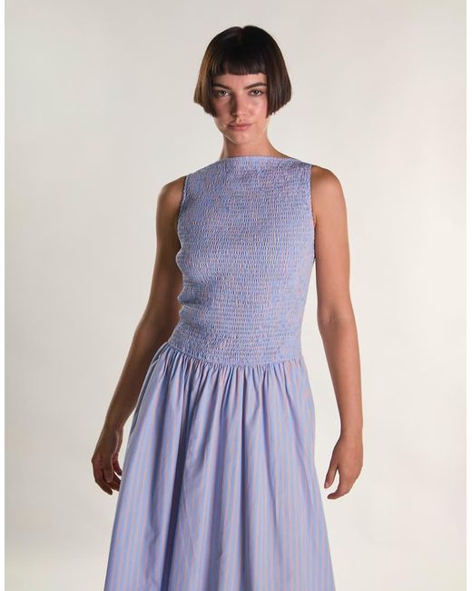 Glamorous Blue Slash Neck Shirring Midi Dress