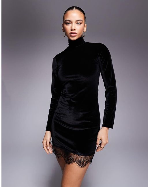 ASOS Black Velvet High Neck Mini Dress With Scallop Lace Deep Hem Detail