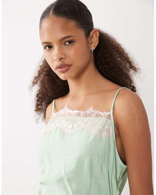 ASOS Green Cami Pink Lace Applique Crushed Satin Mini Dress