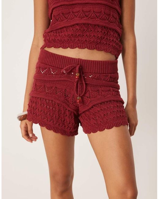 ASOS Red Crochet Knit Short Co-ord With Beaded Front Tie