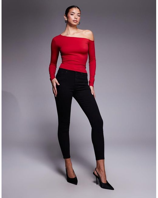 GOOD AMERICAN Red Weightless Sculpted Off Shoulder Long Sleeve Top
