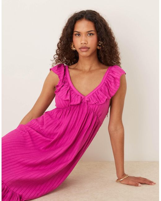 Mango Pink Cap Sleeve Ruffle Midi Dress
