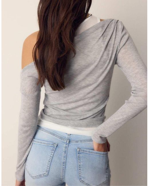 Stradivarius Gray Asymmetric Double T-shirt