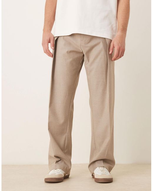 ASOS Natural Smart Wide Leg Trousers With Front Deep Pleat for men