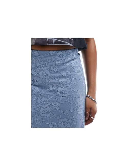 Monki Blue Midi Knee Length Lace Asymmetric Skirt With Lining