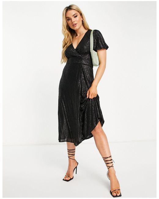 Whistles Sequin Midi Wrap Dress in Black Lyst