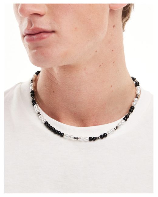 ASOS White Faux Pearl Necklace With Black Beads for men