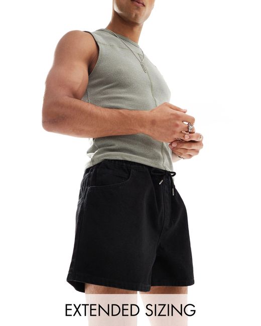 ASOS Black Wide Shorter Length Denim Shorts With Elasticated Waist for men