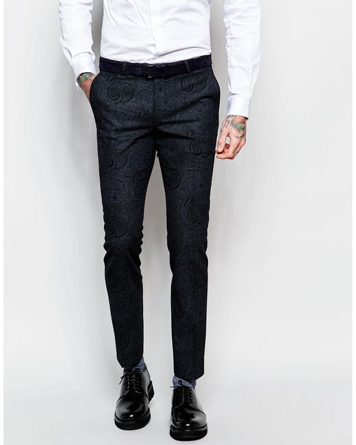 Noose And Monkey Blue Tuxedo Suit Trousers With Tonal Paisley Print In Super Skinny Fit for men