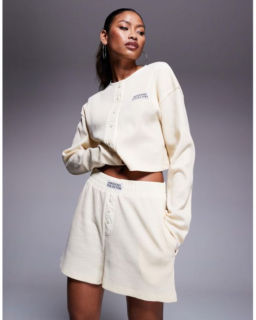 ASOS Yellow Weekend Collective Co-ord Waffle Button Top With Nylon