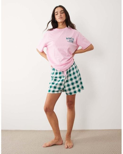 ASOS Red Oversized Tee And Short Pajama Set With Wine And Dine Graphic